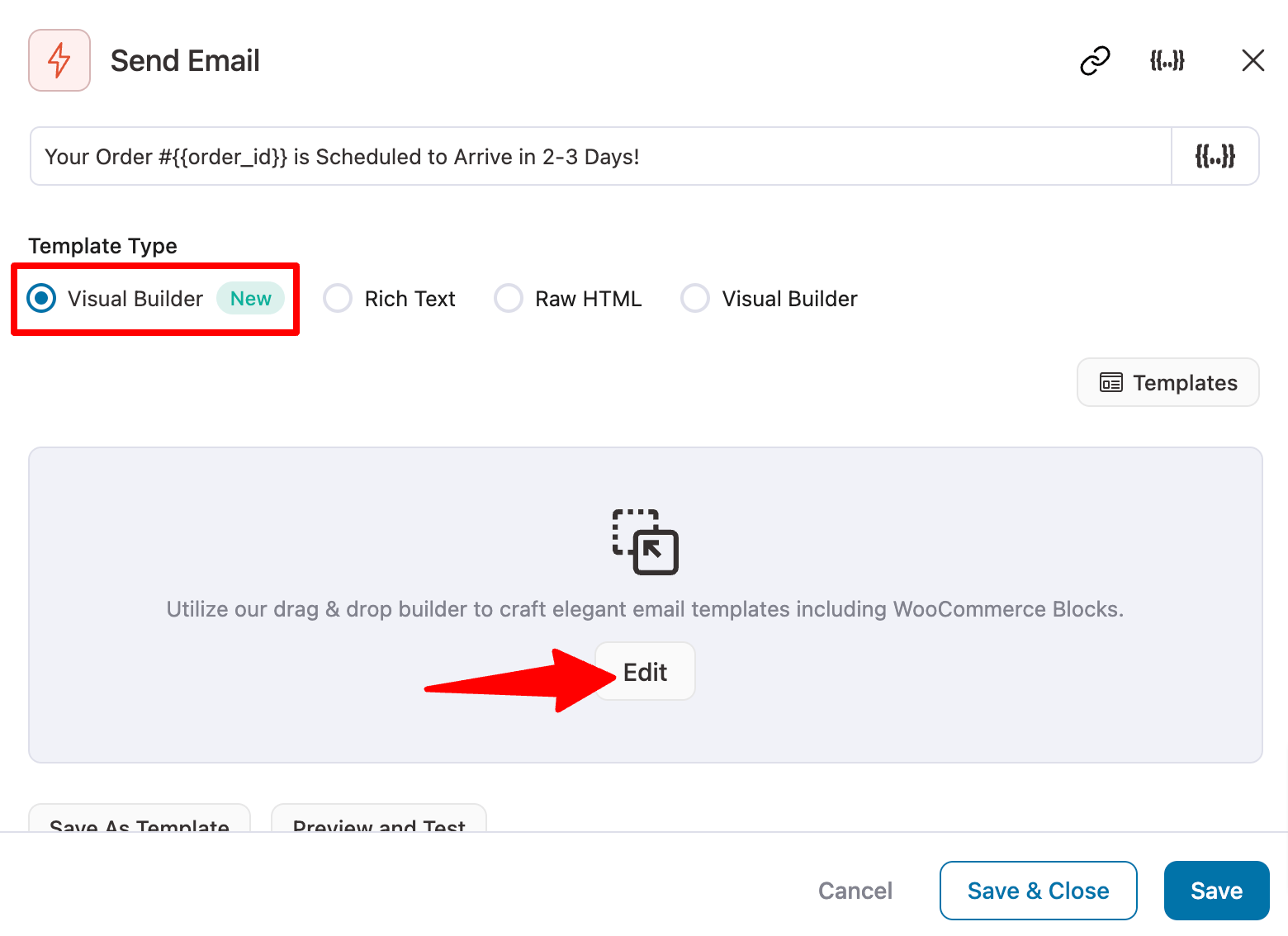 choose visual builder to create order completed email