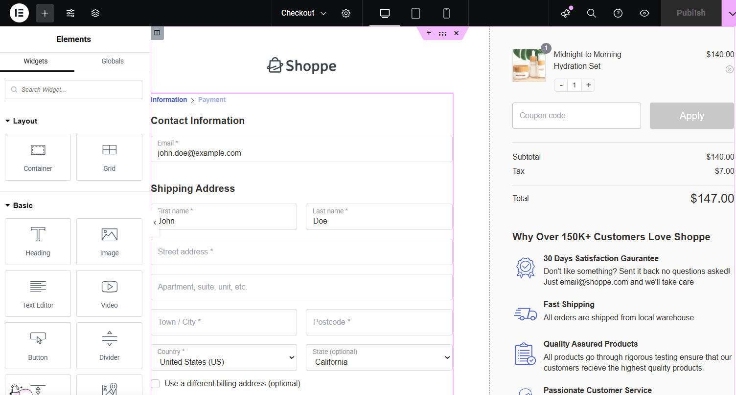 checkout page will load in elementor