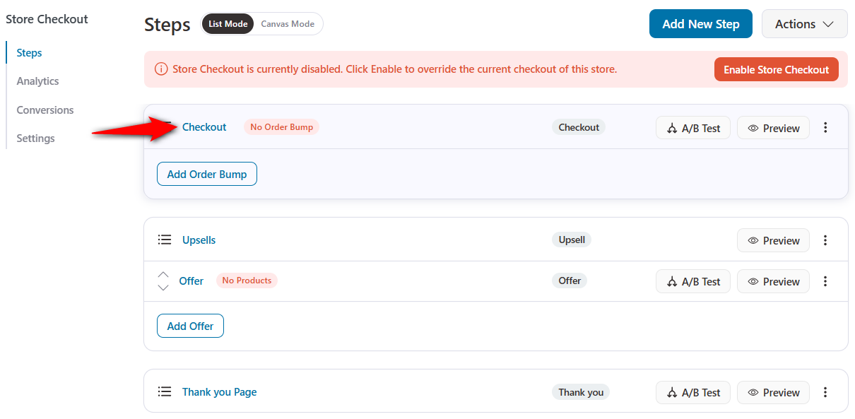 Click on the checkout step in your store checkout funnel