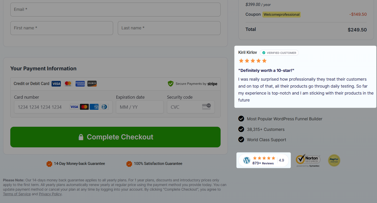 customer testimonial - trust badge on the checkout page