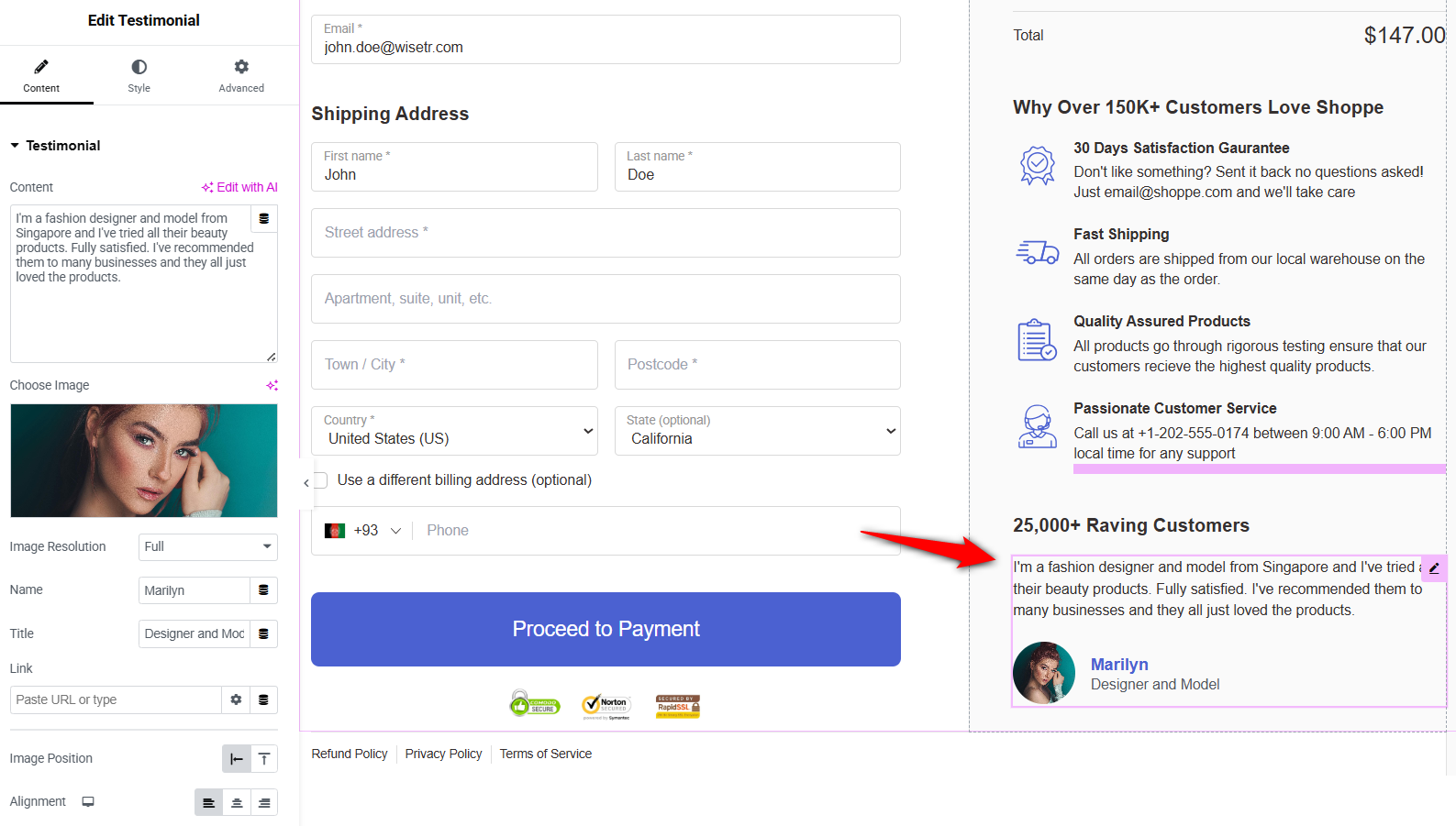 Modify the testimonial content, image file, resolution, name, title, link, image position, text alignment, and other details for customer review trust badge