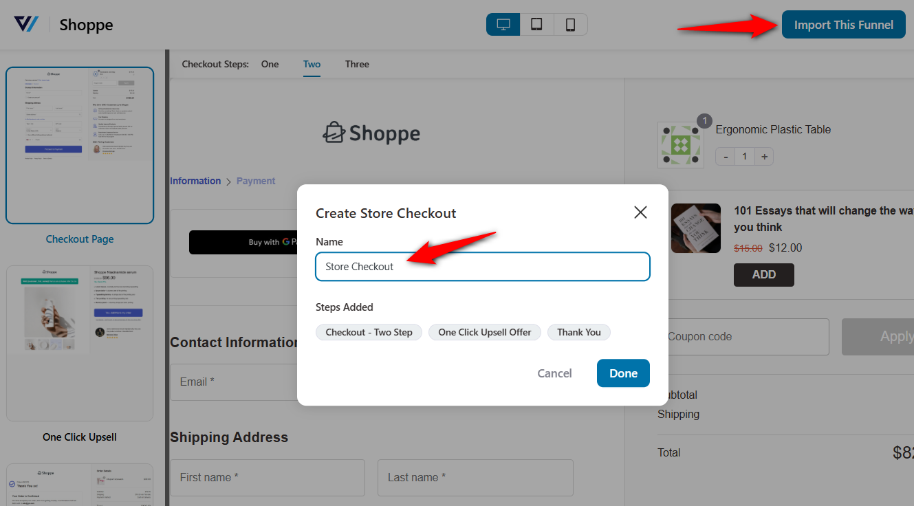 Select the number of steps you want on your checkout page and hit import this funnel
