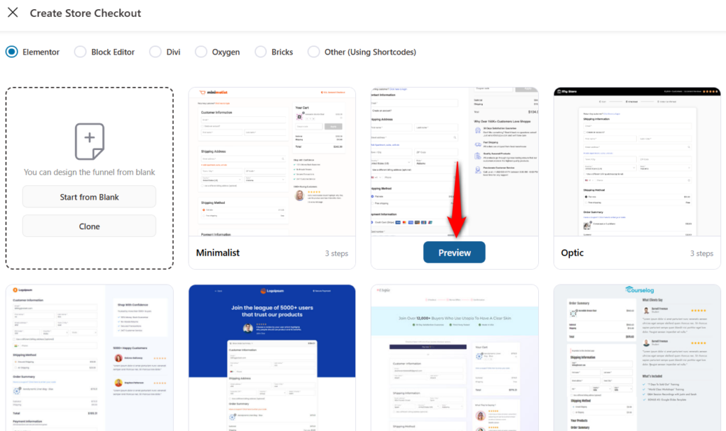 click on preview on the checkout template you like