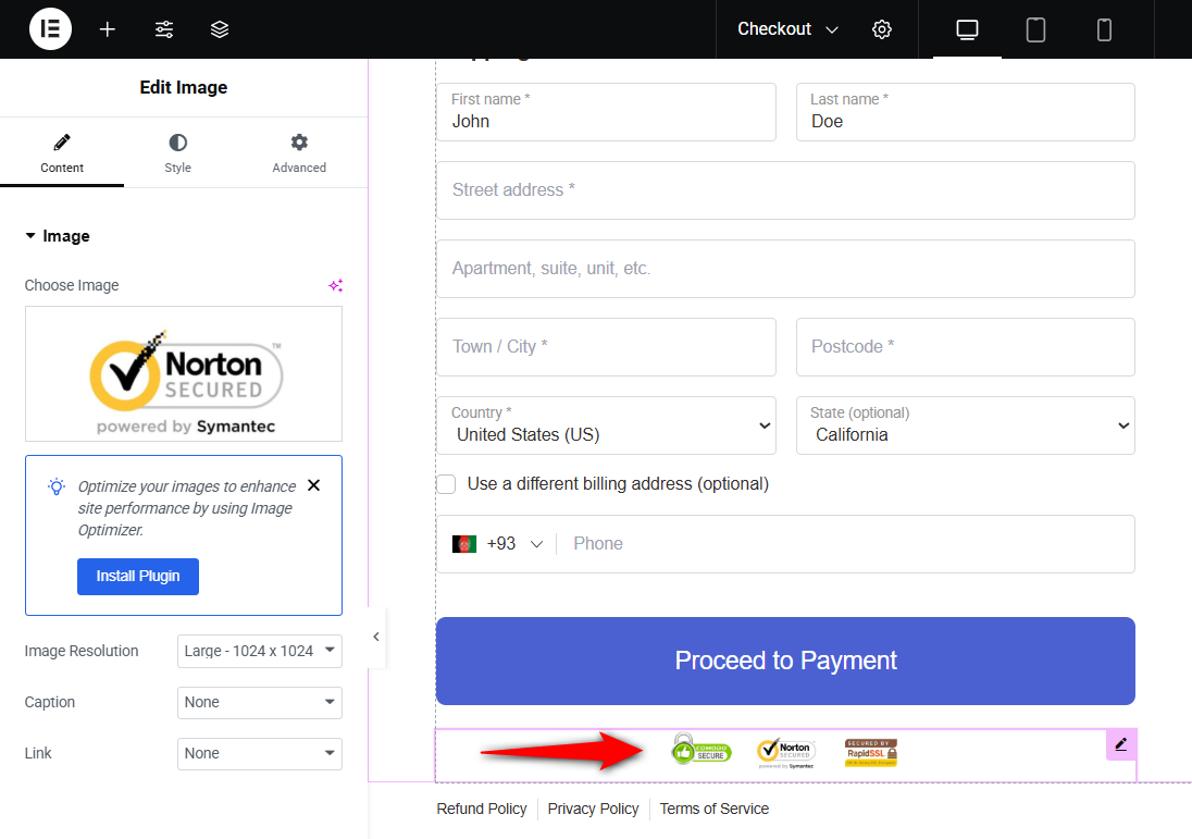 Norton and other security trust badges are added to the woocommerce checkout page