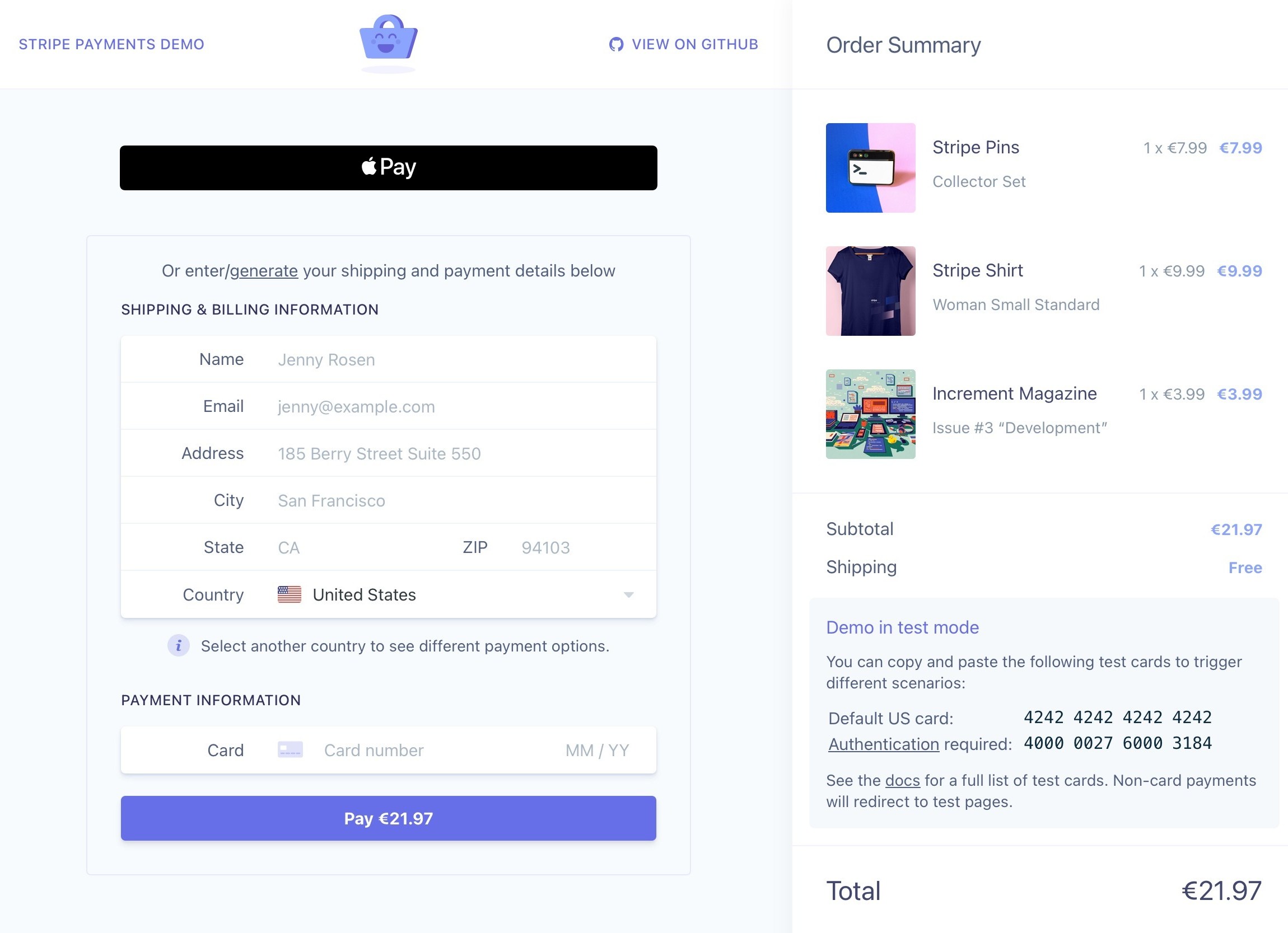 test the apple pay button on stripe payments demo URL