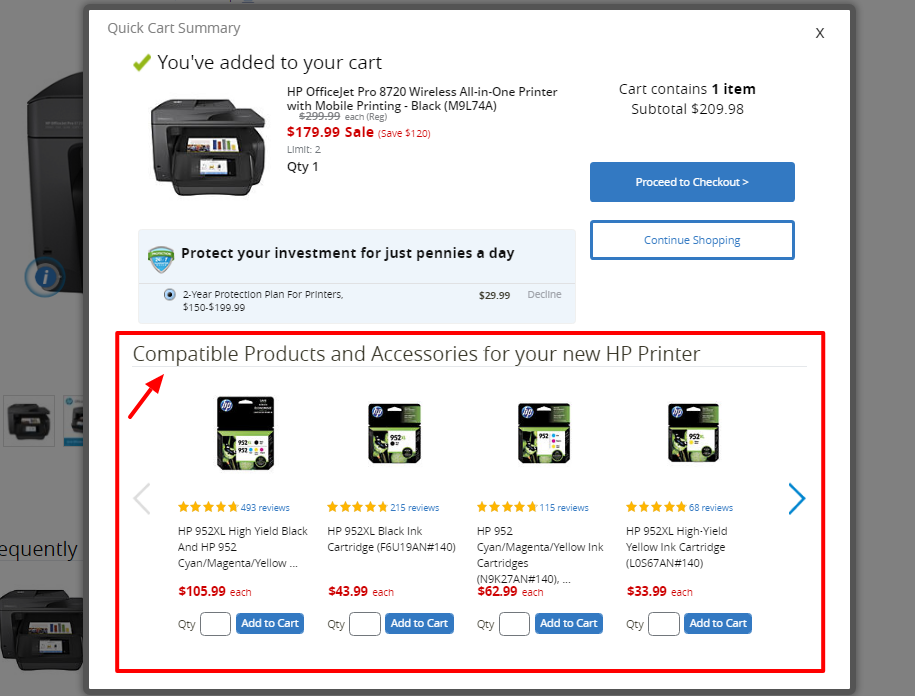 Replacement Items shown on the pop-up just before the cart page