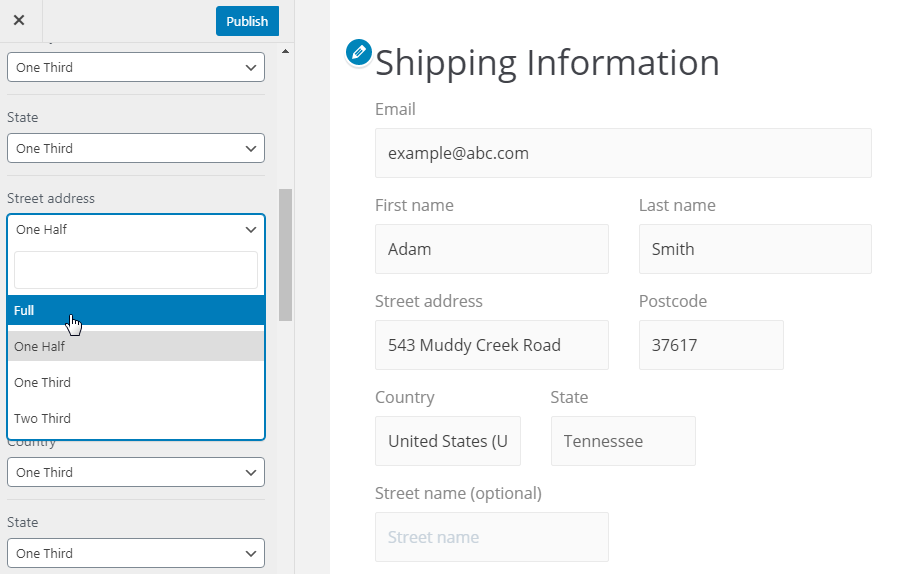 Select the desired field widths