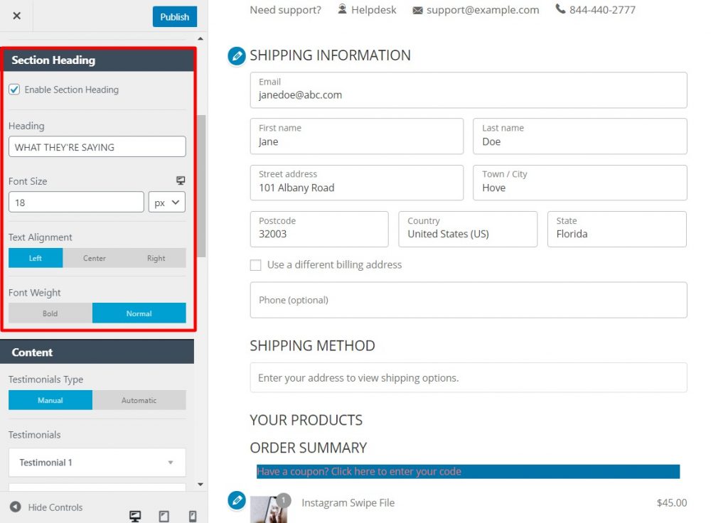 Section Heading customizations for the testimonial section