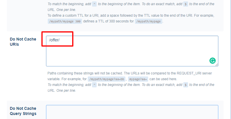 exclude “offer” pages enter your noted offer page slug (from step 1) with special characters as shown in screenshot: “/offer/”