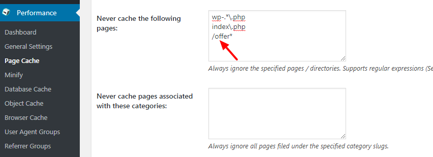 To exclude "offer" pages enter your noted offer page slug (from step 1) with special characters as shown in the screenshot: "/offer*"