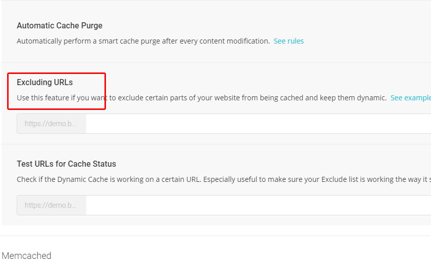 Locate the option "Excluding URLs" on the left side