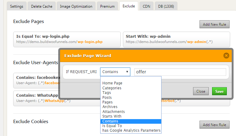 Select "contain" as showing below from dropdown and enter your noted offer page slug