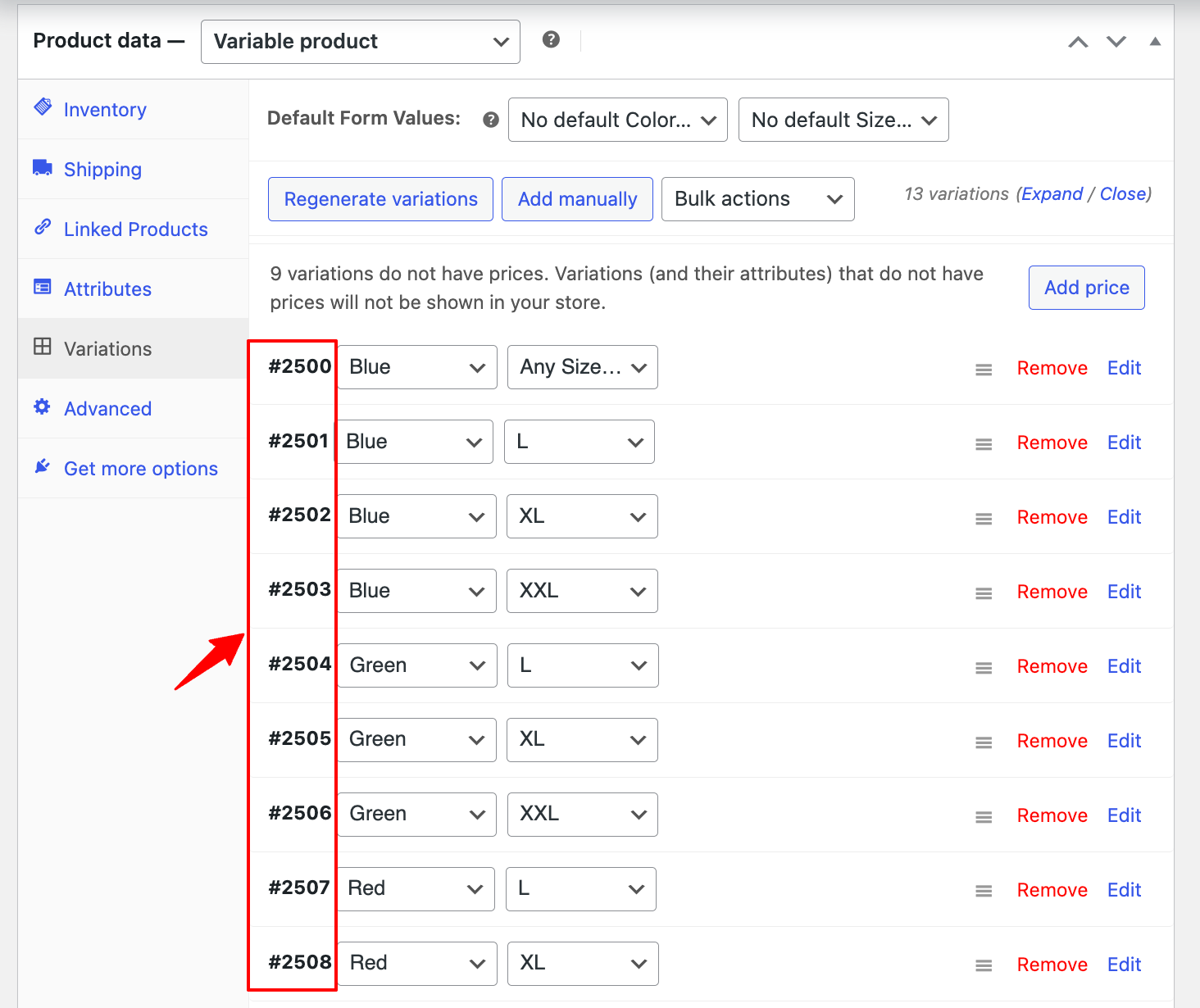copy variable product id