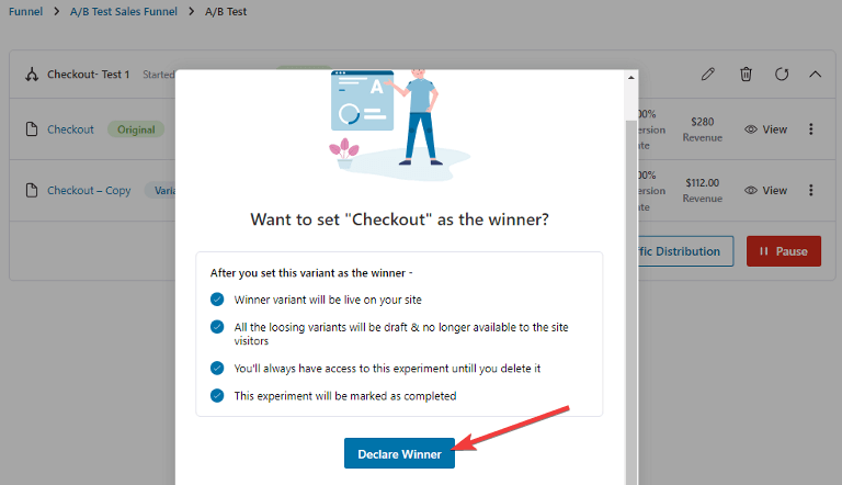 click on the declare winner button a b testing strategy