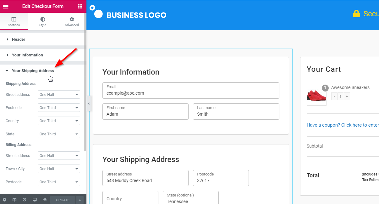click on the Shipping address section