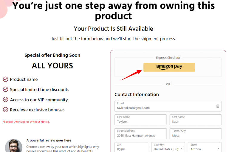 Express pay button on the checkout page