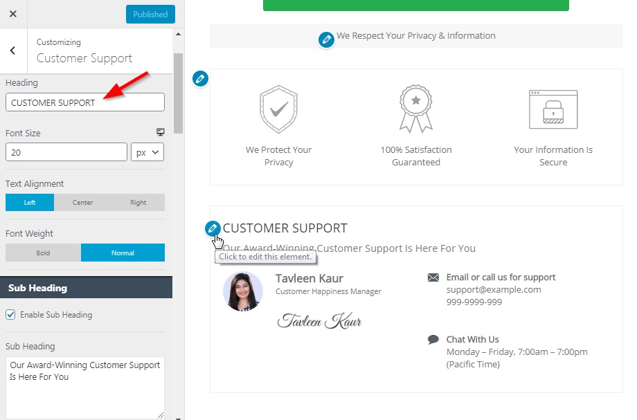 Edit the heading of customer support section