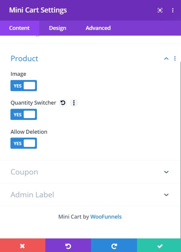 Enable the product image, quantity switcher, and allow deletion options