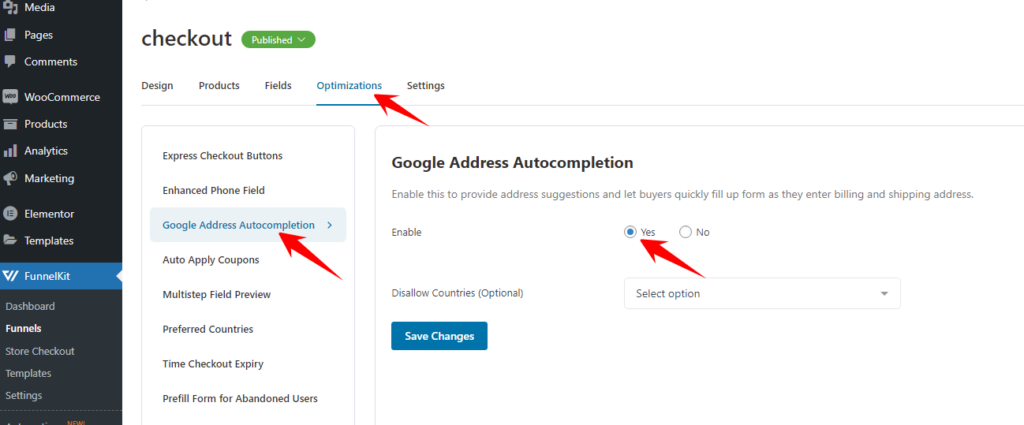 enable Google Address Autocompletion feature of FunnelKit