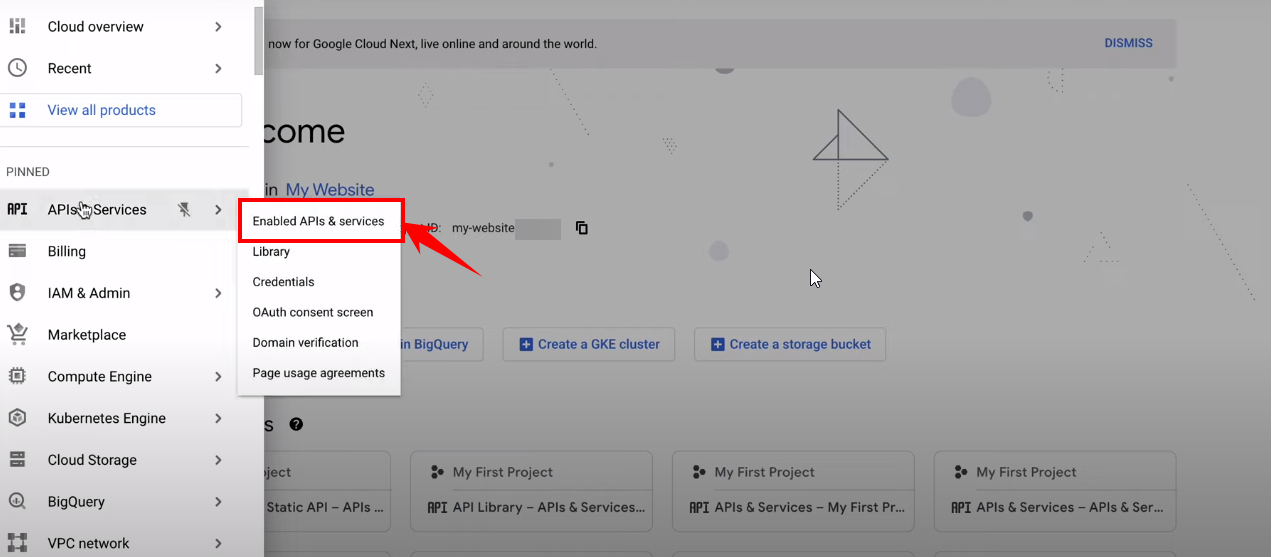 navigate to enable APIs and services