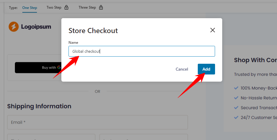 provide a store checkout name and click on ADD