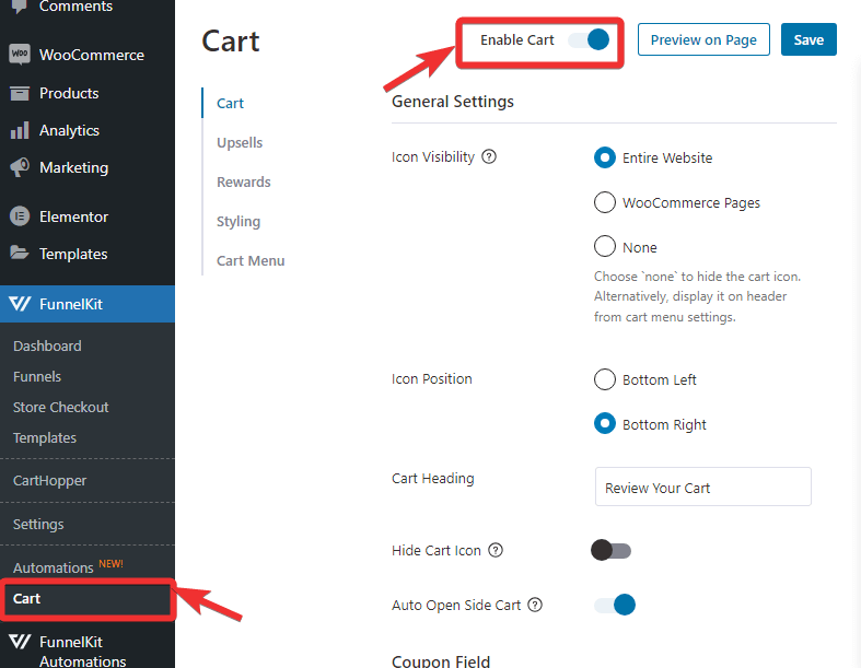 enable cart to offer WooCommerce upsells