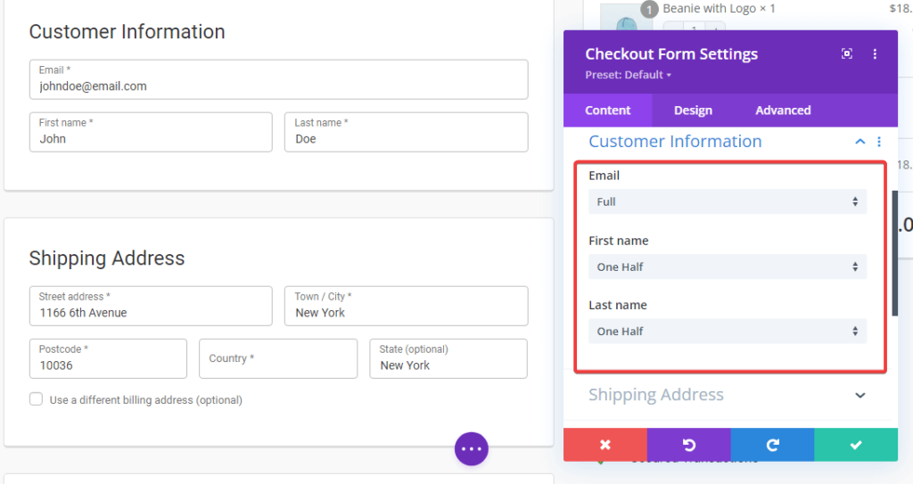 customer information form divi modules