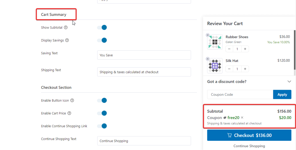 cart summary section of mini cart text change