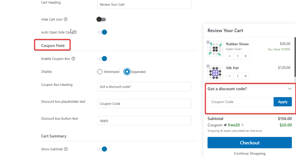 coupon section settings of Woo menu cart