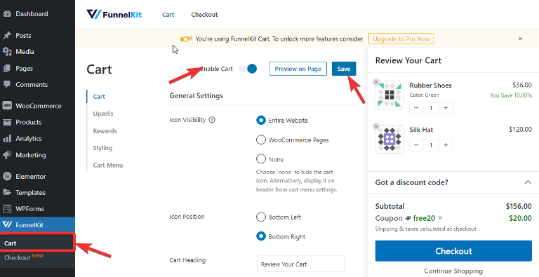 enable funnelkit cart WordPress website