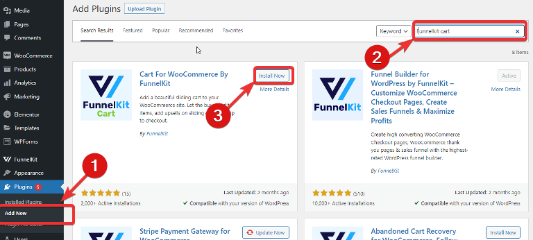 install Funnelkit WooCommerce mini cart plugin