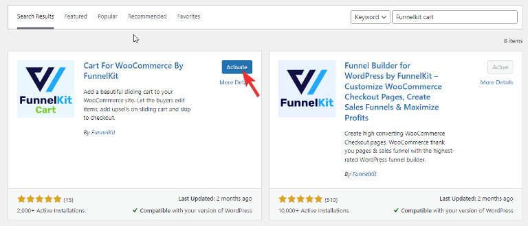 activate funnelkit cart WooCommerce mini cart plugin