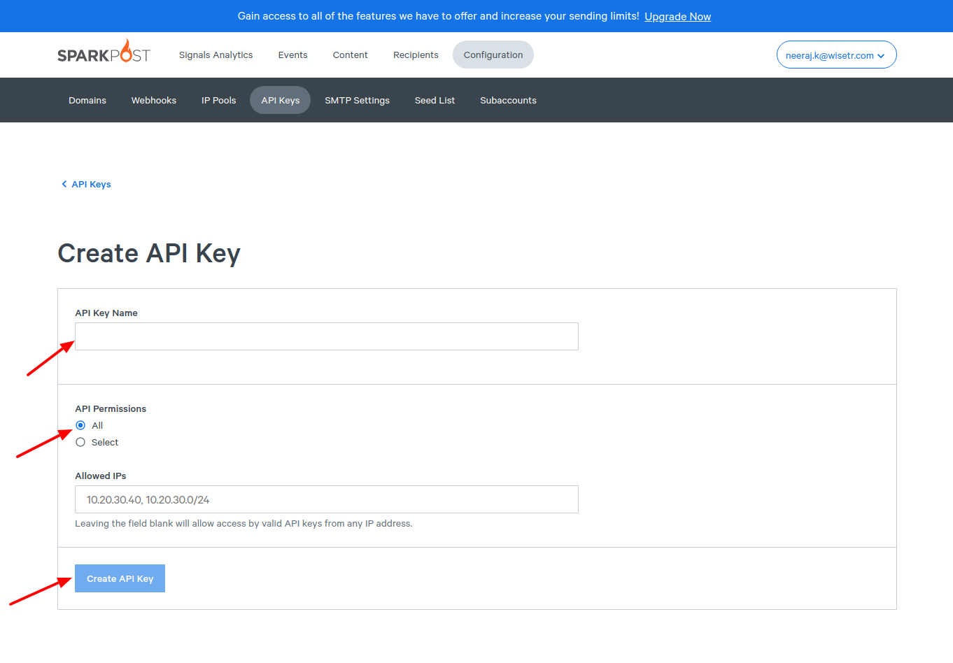 API Key name and permissions