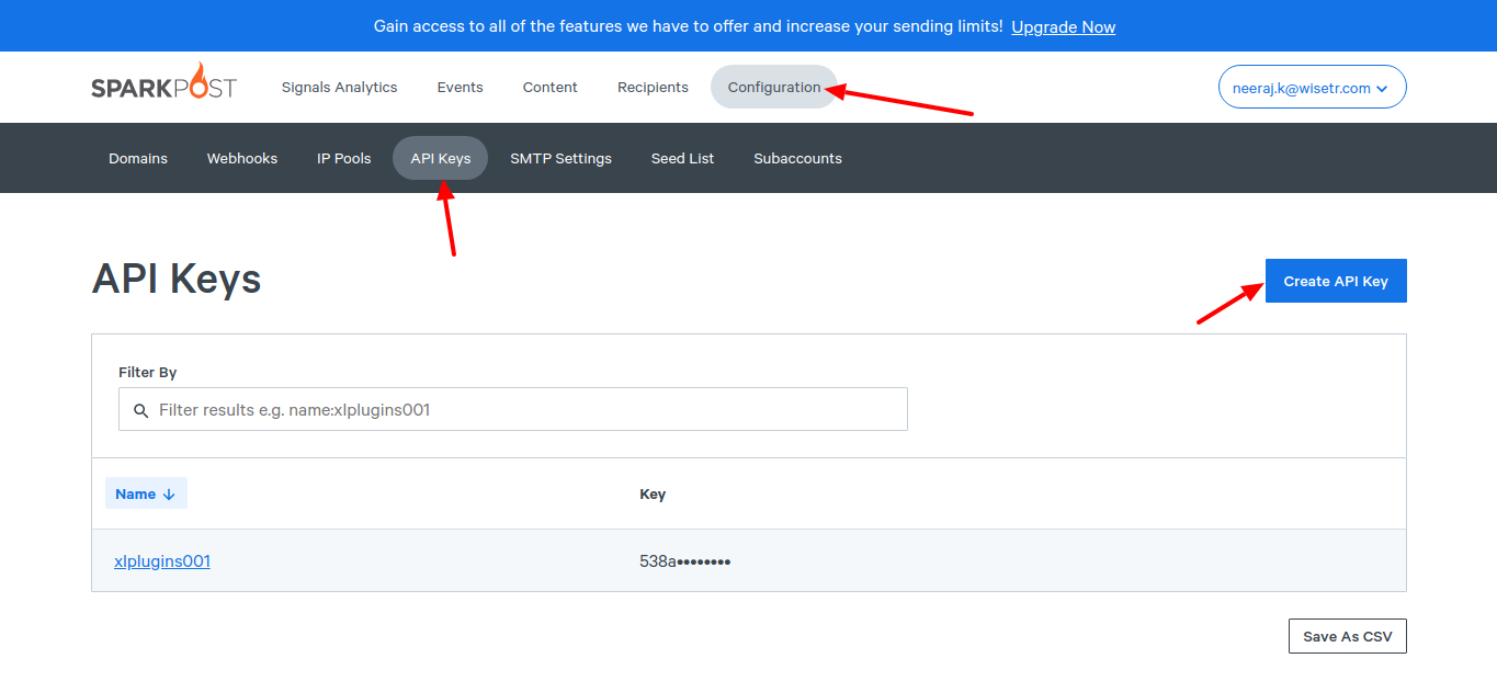 Click on Configuration - API keys and hit the create api key button Bounce Handling with SparkPost