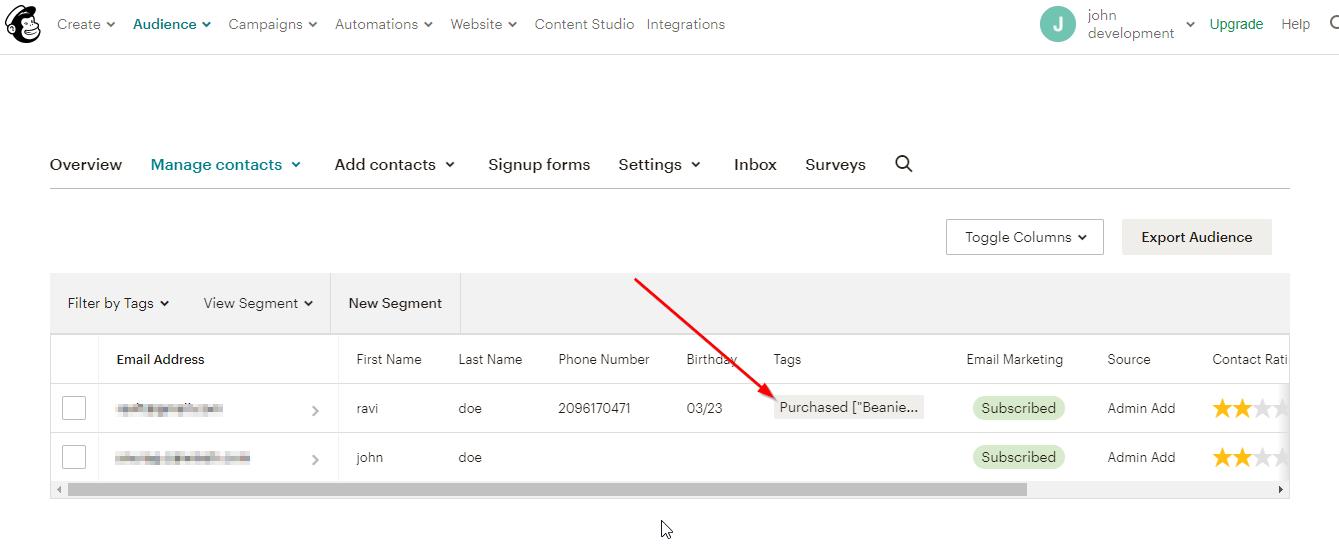 Tag added to mailchimp contact