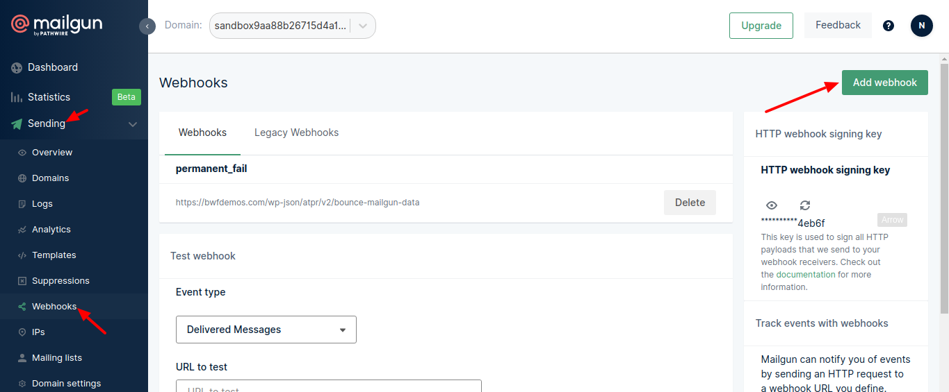 Go the Sending - Webhooks and click on the add webhook button