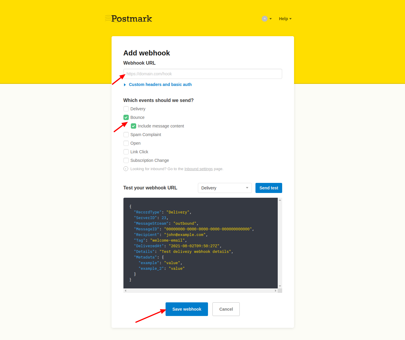 Select the bounce events and enter the bounce tracking webhook URL