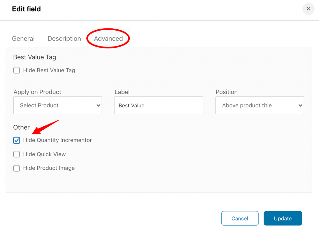 Advanced options for the Products field