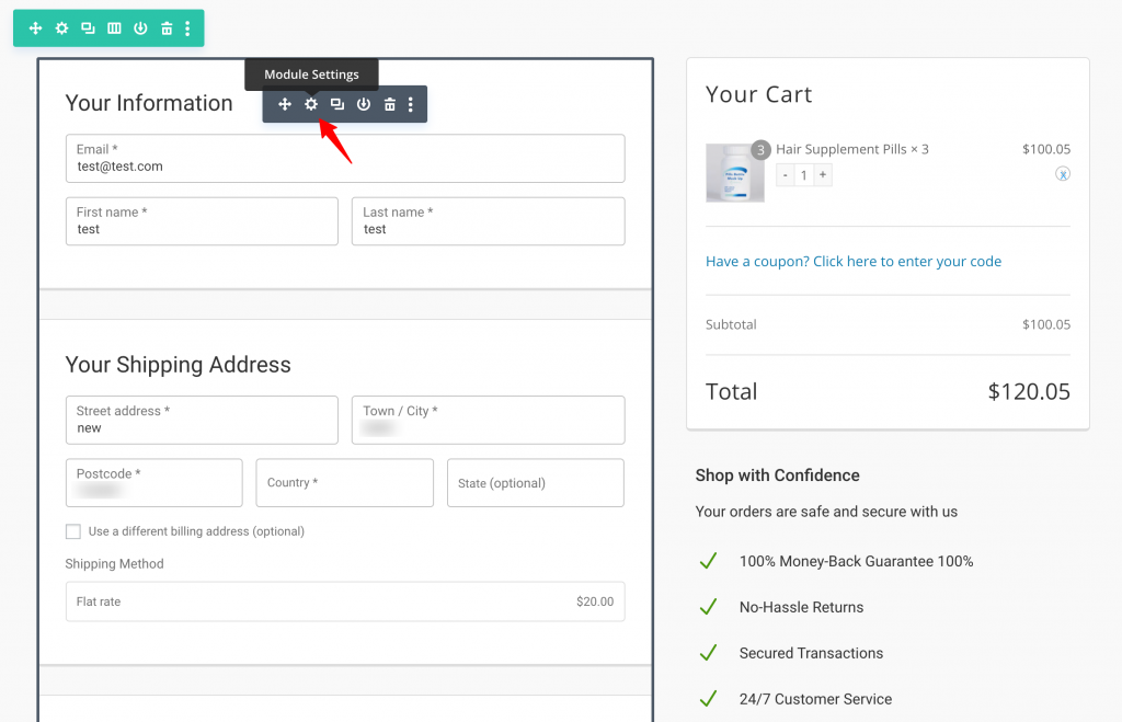 Checkout form Divi module settings