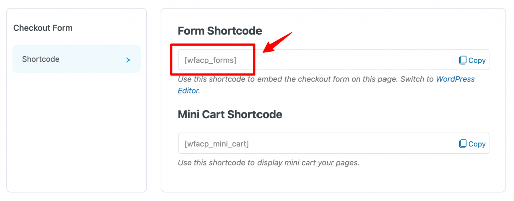 Checkout form shortcode