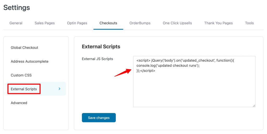 External scripts - checkout global settings