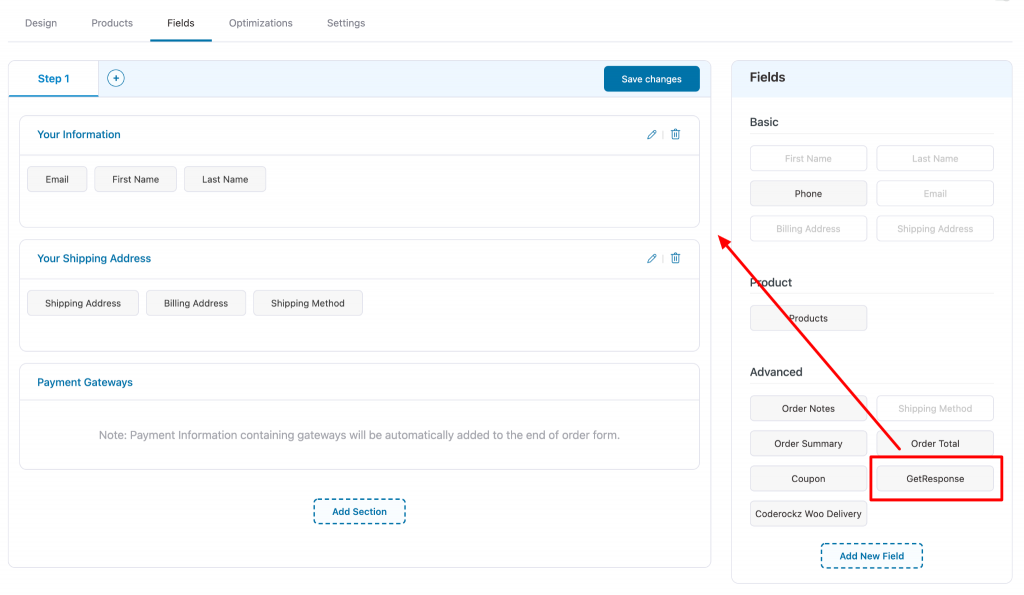 Drag and drop the GetResponse field on your checkout form