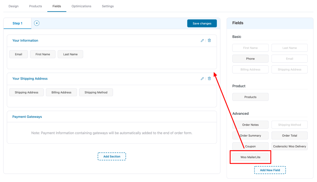 Drag and drop the MailerLite field on the checkout form