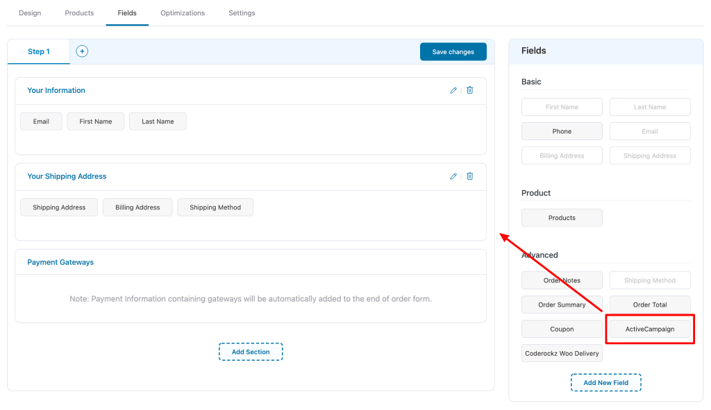 Drag and drop Activecampaign for WooCommerce field on the checkout form 