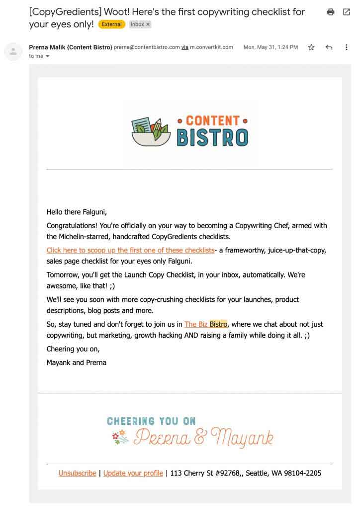 Welcome email example - Content Bistro