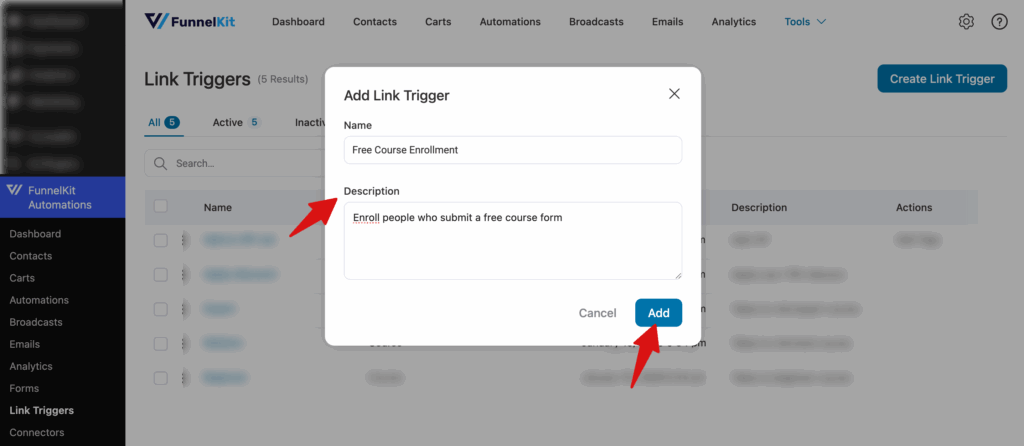 Next, simply name the link trigger, add a description, and click _Add_ to create it.