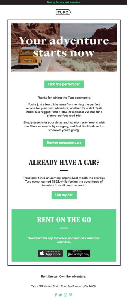 Turo - welcome email example