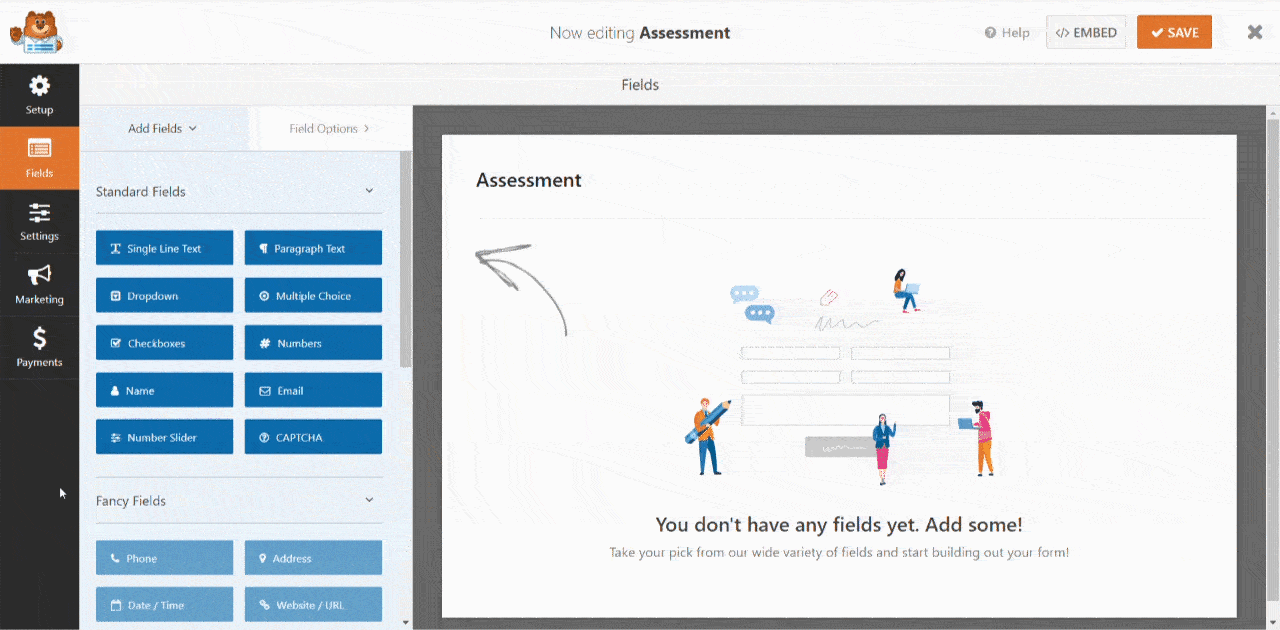 In the editor, add the needed fields by dragging and dropping them into the form preview area.