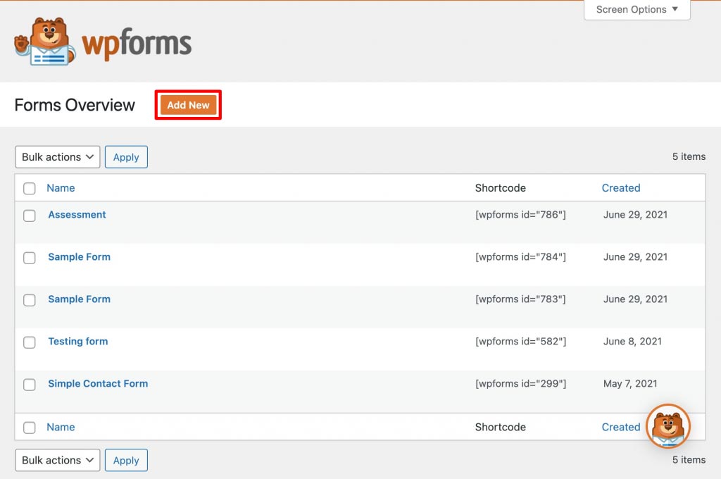 Go to WP Forms in the WordPress menu. Click on Add New to add a form