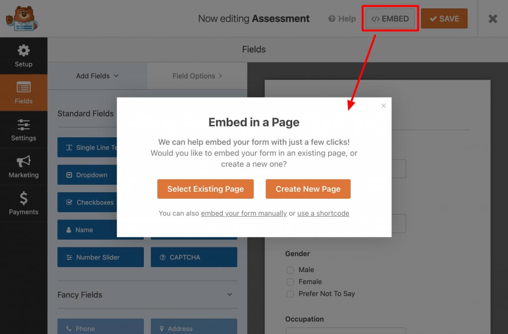 Click on the Embed button on the form editor window to open the page options